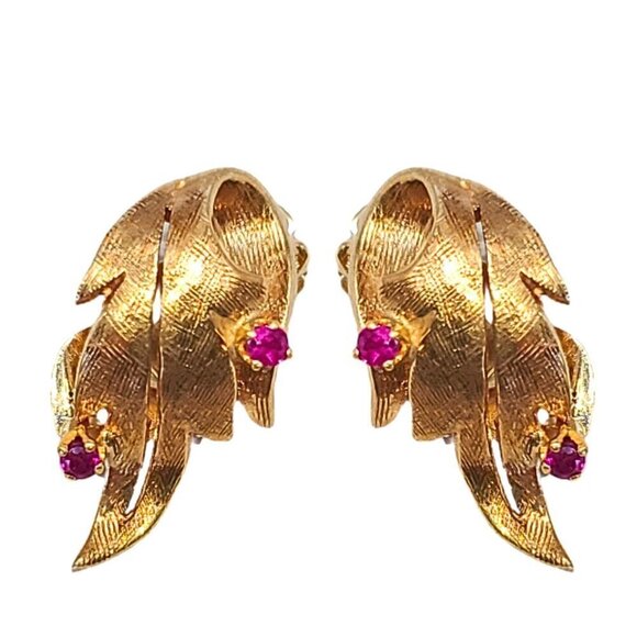 MINT! 14 KT Solid Yellow Gold & Ruby Estate LeafArt Deco 1950's Clip Earrings